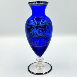 Vintage Cobalt Blue and Sterling Silver Overlay Floral Bud Vase
